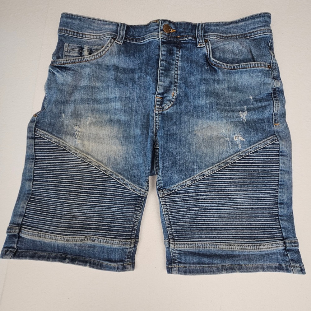 Zara Man ZMDC Mens Moto Denim Shorts Blue Distressed Biker Ribbed Size 36